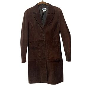 B lucid Brown Suede Leather Long Button Up Trench Coat Women's XS Boho Chic